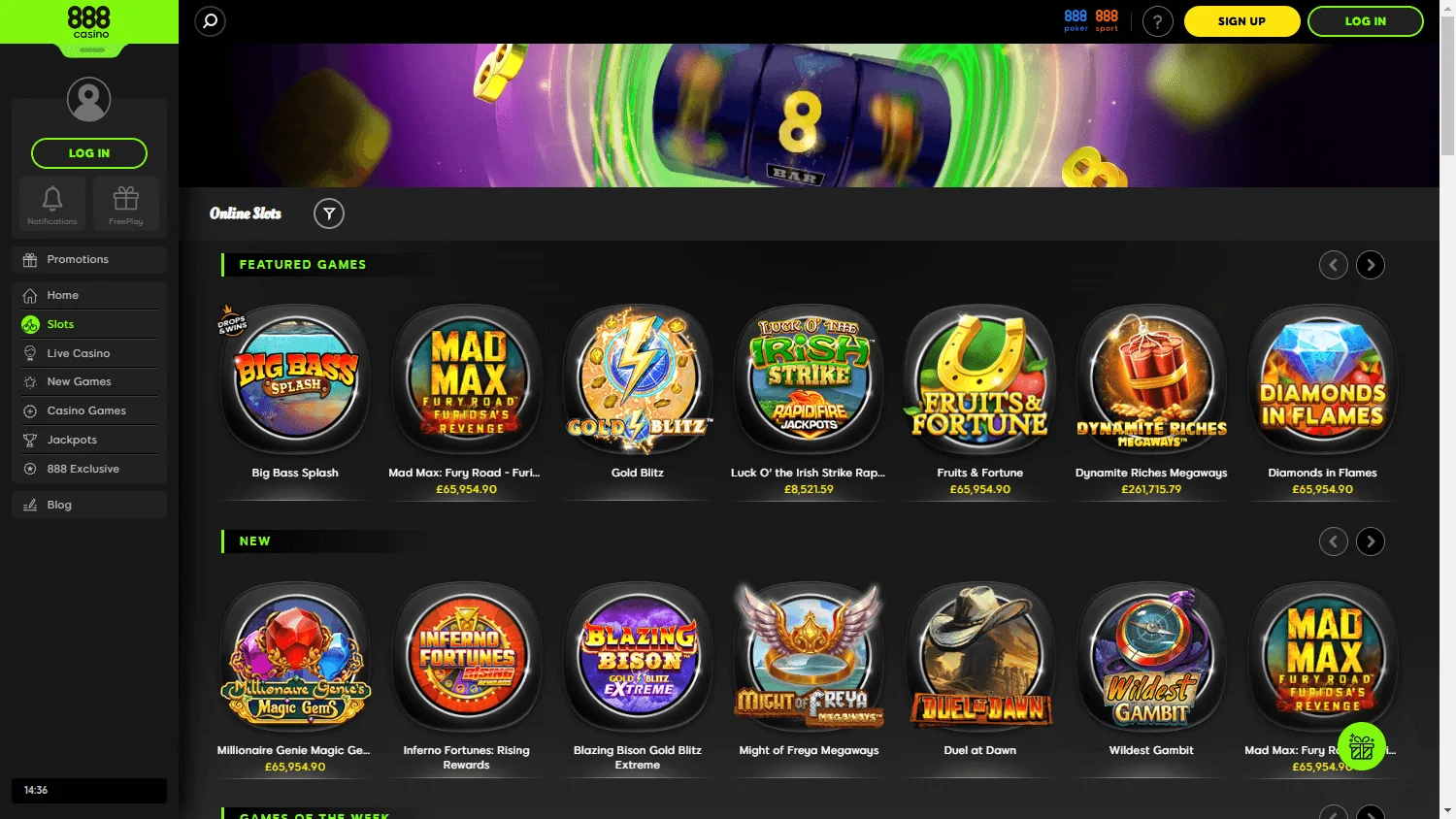 888 Casino desktop games area with pokies and casino categories