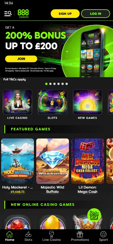 888 Casino mobile home experience on a phone