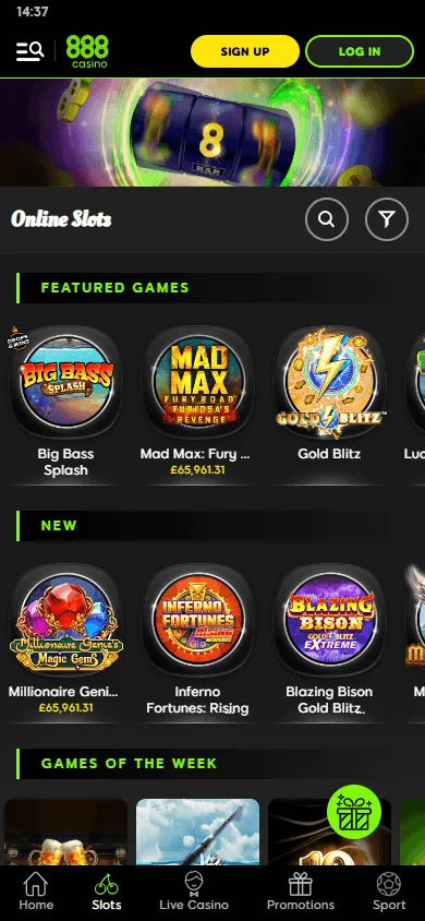 888 Casino mobile games area with pokies and live casino options