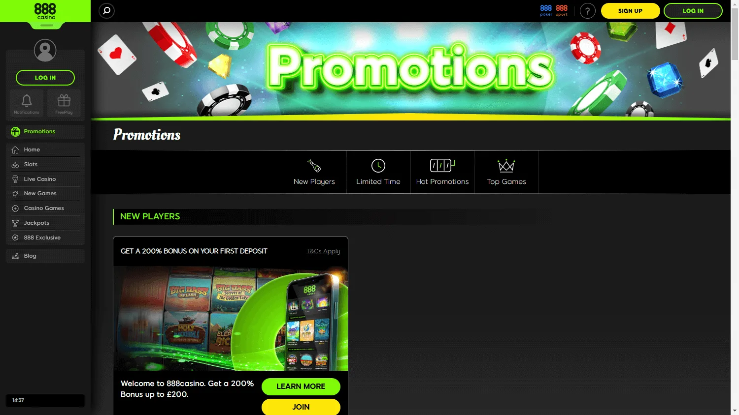 888 Casino desktop promotions area with welcome offer and free spin promotions