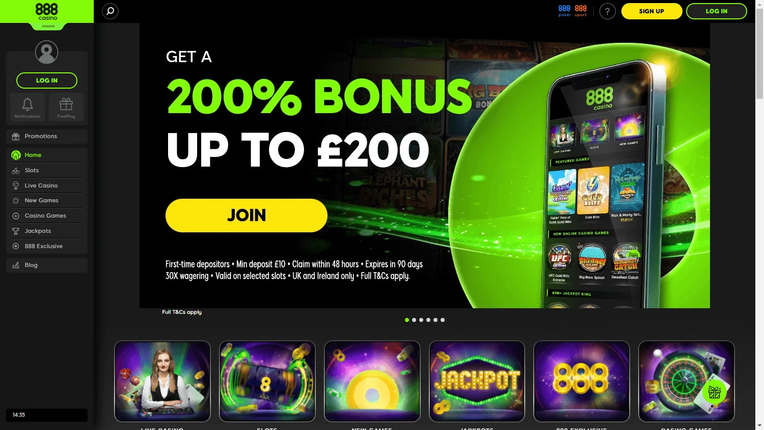 888 Casino desktop home screen with casino content and account access