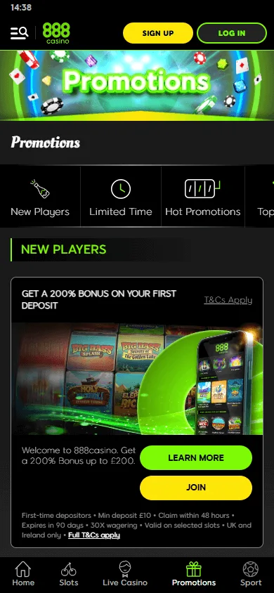 888 Casino mobile promotions area with casino offers
